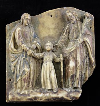 A 15th century Nottingham relief carved alabaster plaque of The Holy Family, The Virgin Mary and Joseph, max 6.75in. x 6.5in.